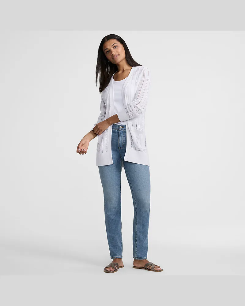 Lands' End Langer offener Soft Flow Ajour-Cardigan aus Leinenmix, Damen, Größe regular, Weiß, Baumwolle/Leinen/Lyocell (Viskose), by Weiß
