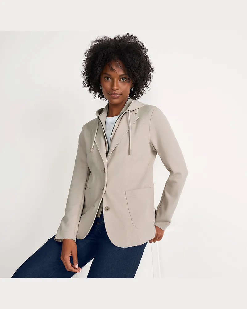 Lands' End Strickblazer mit abnehmbarer Kapuze, Damen, Größe regular, Weiß, Baumwoll-Mischung/Polyester-Mischung, by Weiß