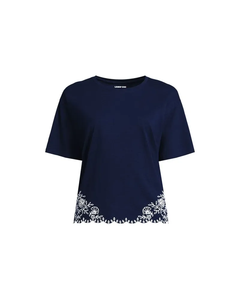 Lands' End Flammgarn-Shirt mit Saumstickerei, Damen, Größe plus, Blau, Baumwolle, by Blau