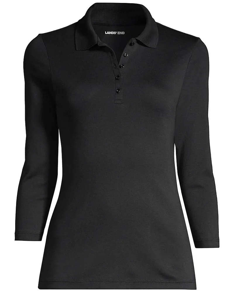 Lands' End Supima-Poloshirt mit 3/4-Ärmeln, Damen, Größe regular, Schwarz, Baumwolle, by Schwarz