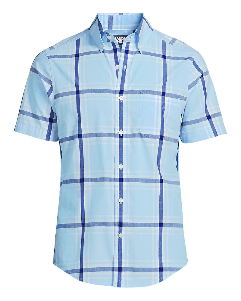 Lands' End Gemustertes Popelin-Kurzarmhemd, Classic Fit, Herren, Größe regular, Blau, Baumwolle, by Blau