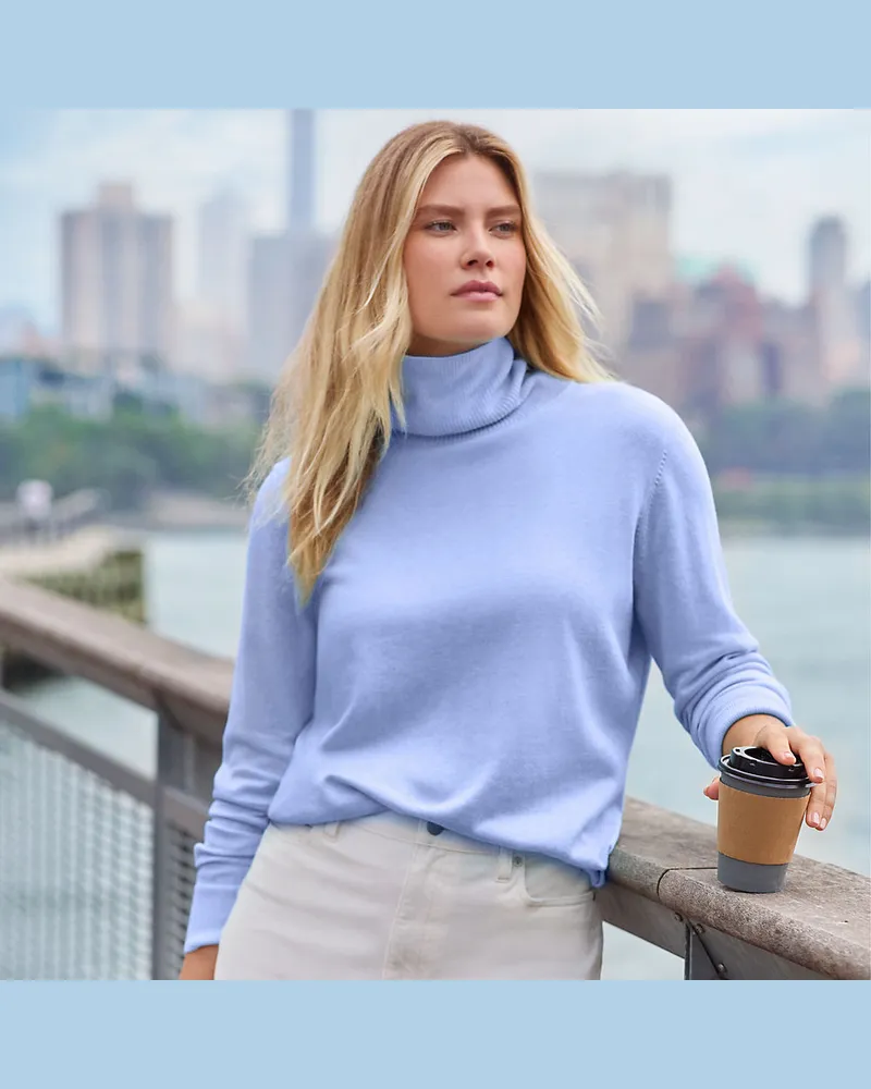 Lands' End Feinstrick-Rollkragenpullover aus Baumwolle, Damen, Größe regular, Blau, Baumwolle, by Blau