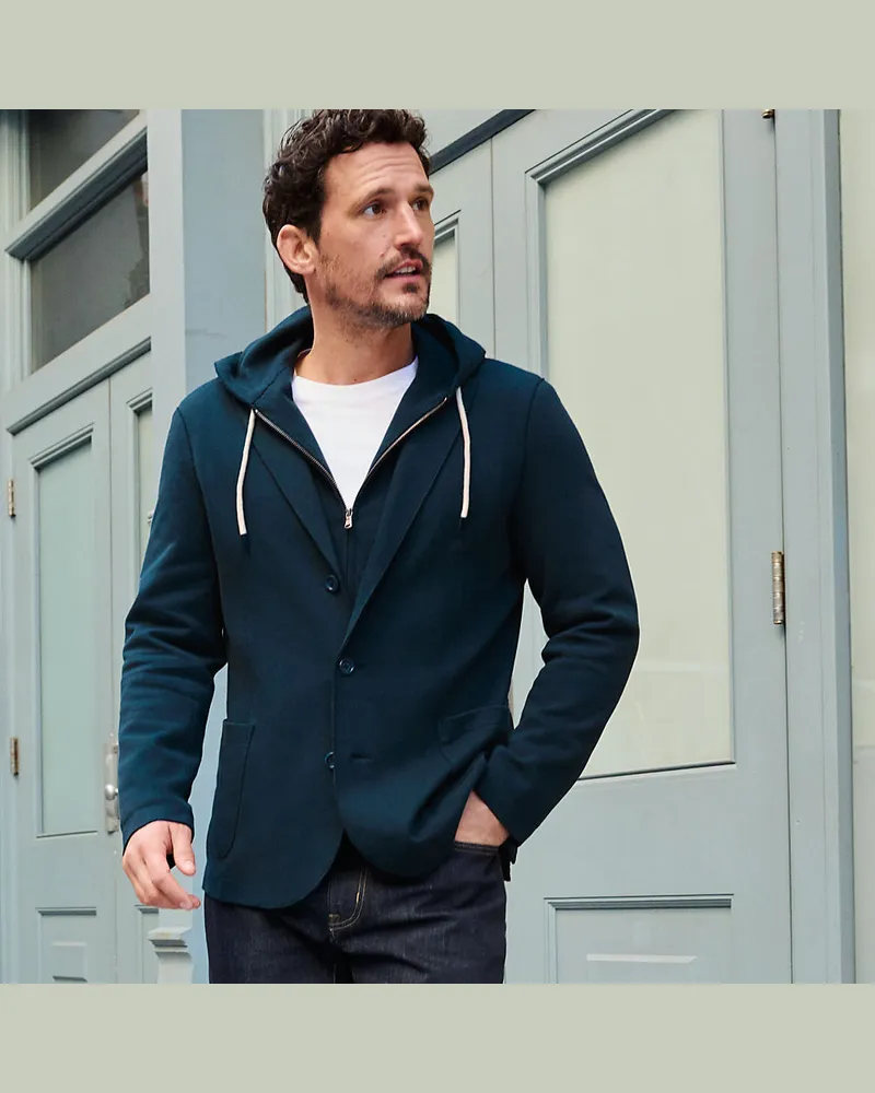 Lands' End Strick-Blazer mit abnehmbarer Kapuze, Herren, Größe regular, Blau, Elasthan/Baumwoll-Mischung/Polyester-Mischung, by Blau