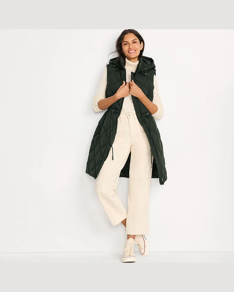 Lands' End Lange Steppweste mit geraffter Taille, Damen, Größe regular, Grün, Polyester, by Grün