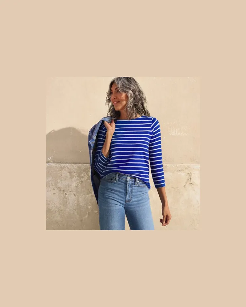 Lands' End Gestreiftes Baumwollshirt mit 3/4-Ärmeln, Damen, Größe regular, Blau, Baumwolle, by Blau