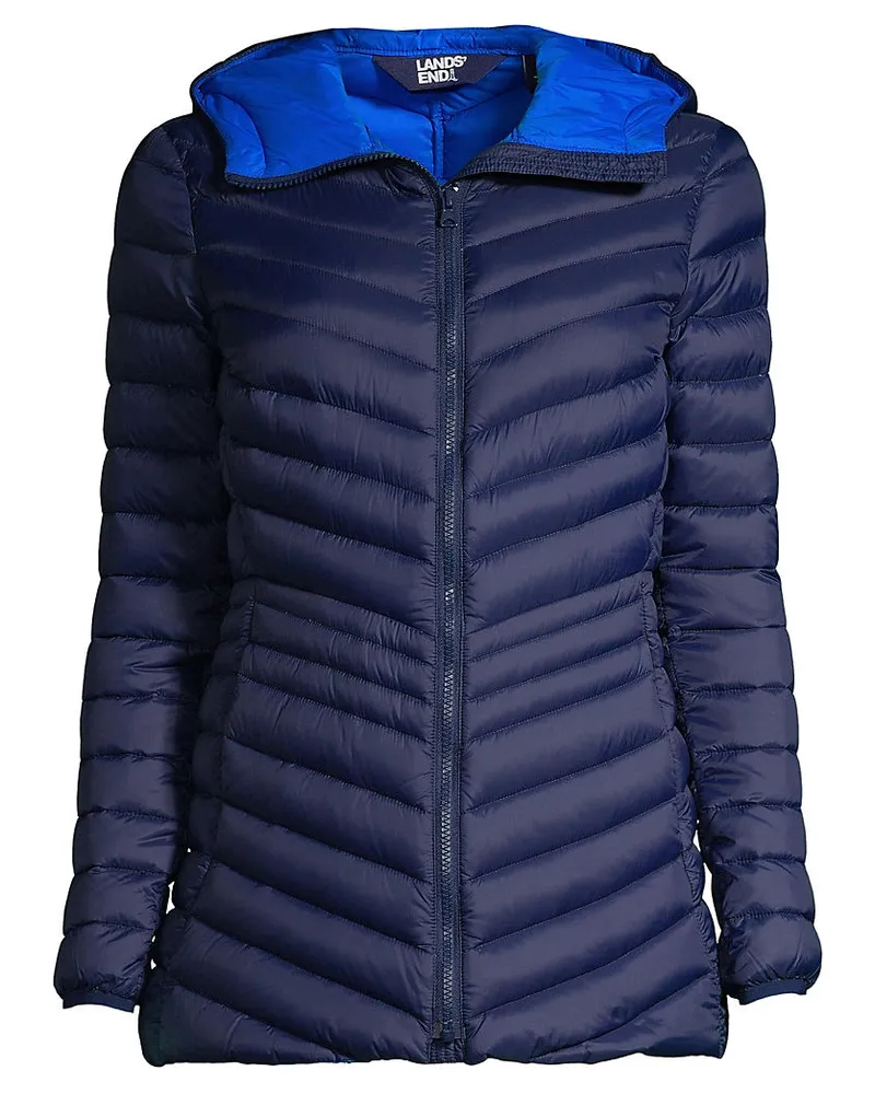 Lands' End Daunenjacke WANDERWEIGHT Verstaubar Ultraleicht mit Kapuze, Damen, Größe regular, Blau, Nylon/Daunen, by Blau