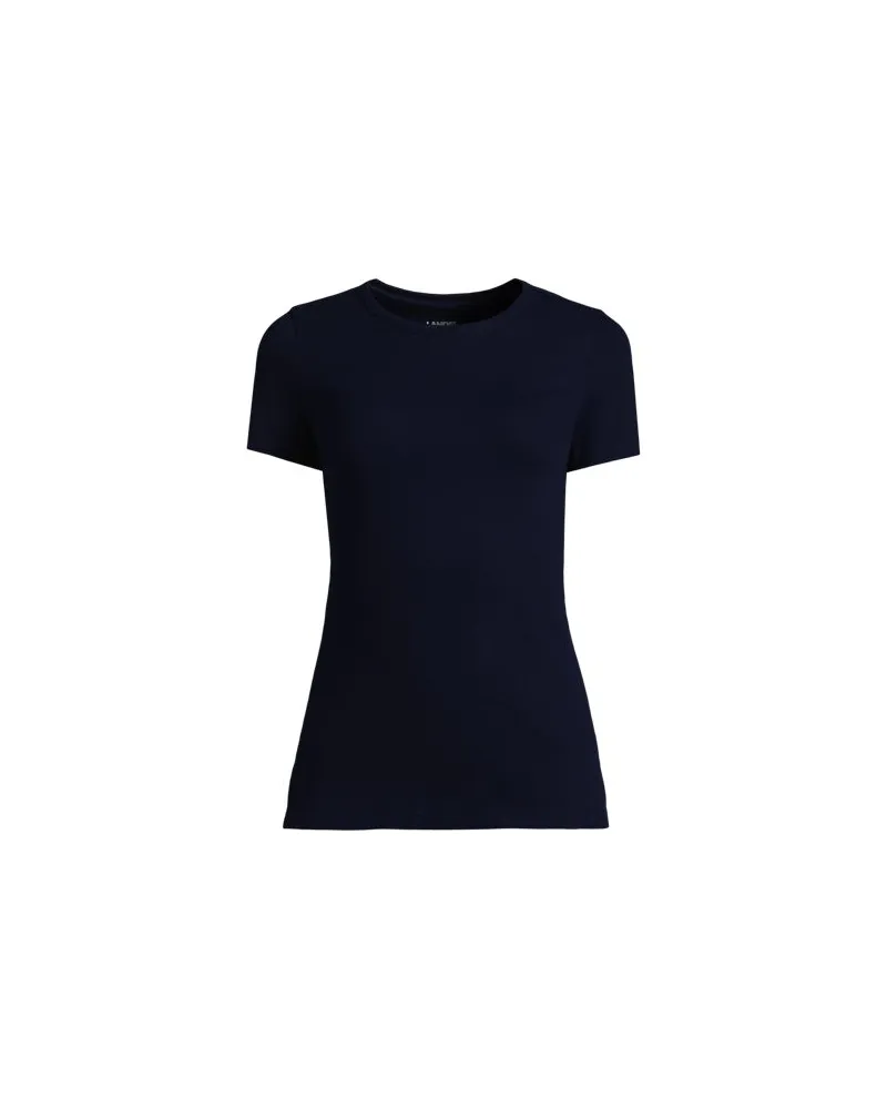 Lands' End Feinripp-Shirt mit Rundhalsausschnitt und kurzen Ärmeln, Damen, Größe:44-46 regular, Blau, Baumwolle/Elasthan, by Blau
