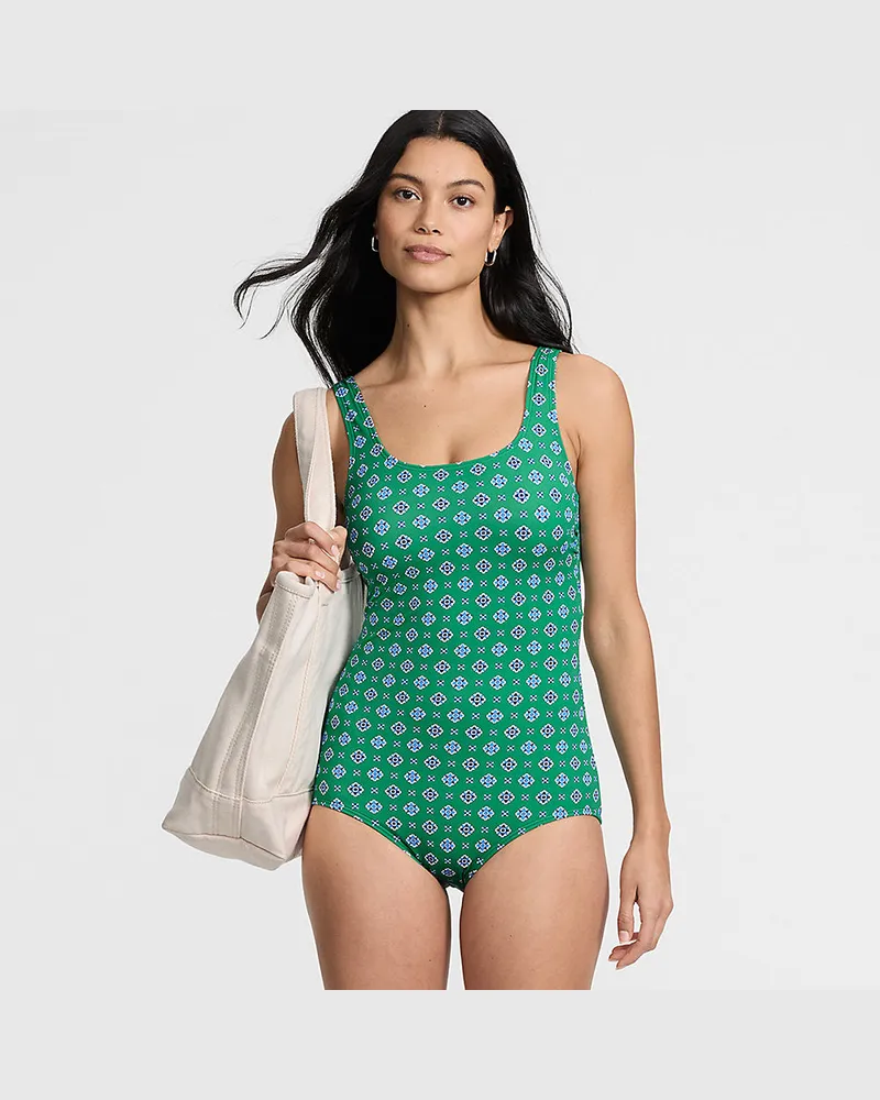 Lands' End Gemusterter Komfort-Badeanzug CHLORRESISTENT mit Soft Cups, Damen, Größe regular, Grün, Nylon-Mischung, by Grün