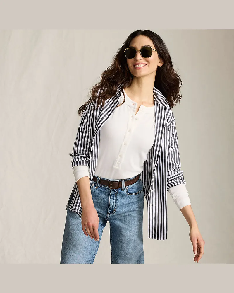 Lands' End Langarm-Henleyshirt aus Ripp-Jersey, Damen, Größe regular, Weiß, Viskose-Mischung/Polyester-Mischung, by Weiß