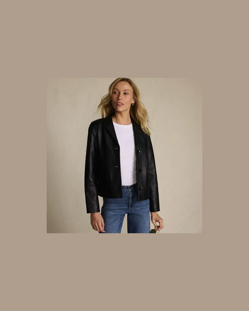 Lands' End Lederjacke mit Reverskragen, Damen, Größe:44-46 regular, Schwarz, Leder, by Schwarz