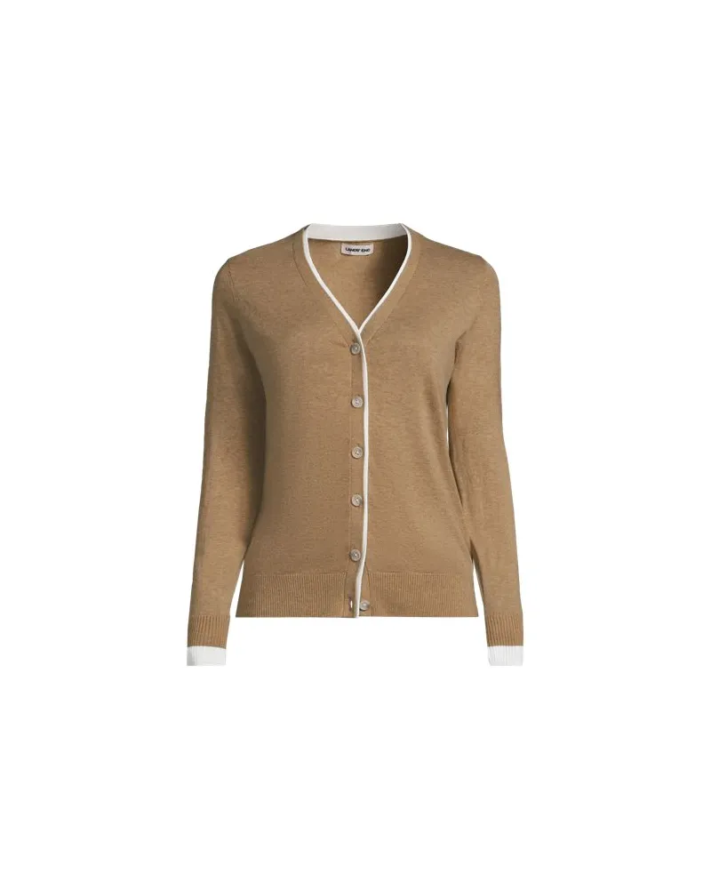 Lands' End Feinstrick-Baumwollcardigan mit unterlegtem Ausschnitt, Damen, Größe plus, Beige, Baumwolle, by Beige