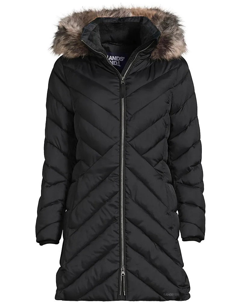 Lands' End Isolierter FeatherFree™ Kapuzenmantel mit Webpelzfutter, Damen, Größe plus, Schwarz, Polyester/Nylon, by Schwarz