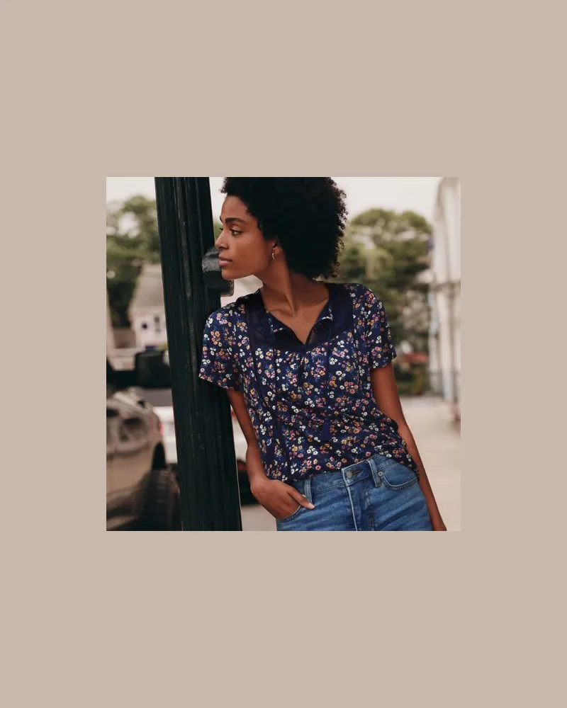 Lands' End Flammgarn-Jerseyshirt mit kurzen Flügelärmeln, Damen, Größe:32-34 regular, Blau, Baumwolle, by Blau