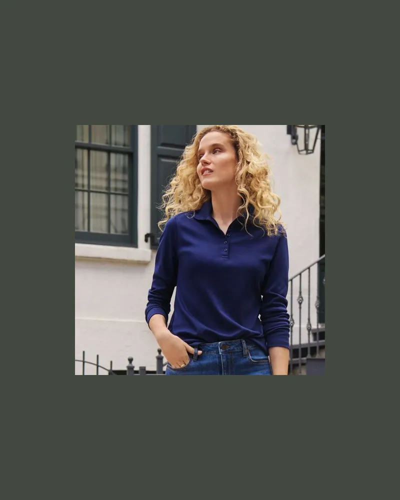 Lands' End Supima-Poloshirt mit langen Ärmeln, Damen, Größe:44-46 petite, Blau, Baumwolle, by Blau