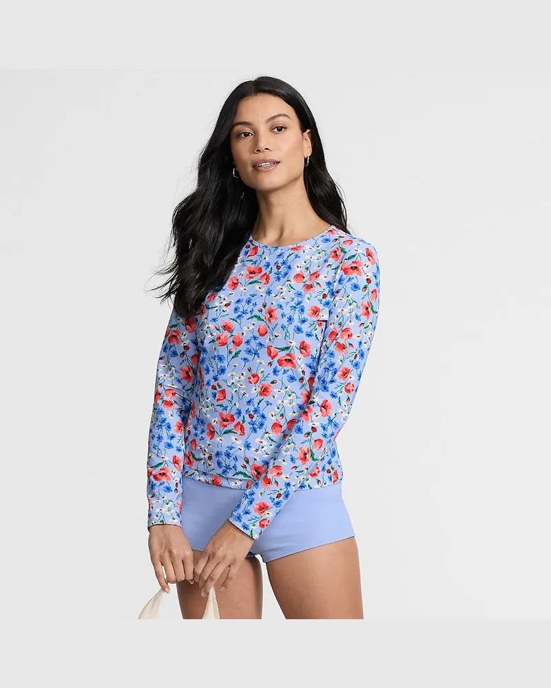 Lands' End Schnelltrocknendes UPF 50 Sonnenschutz-Badeshirt in Lang-Größe, Damen, Größe regular, Blau, Nylon-Mischung, by Blau