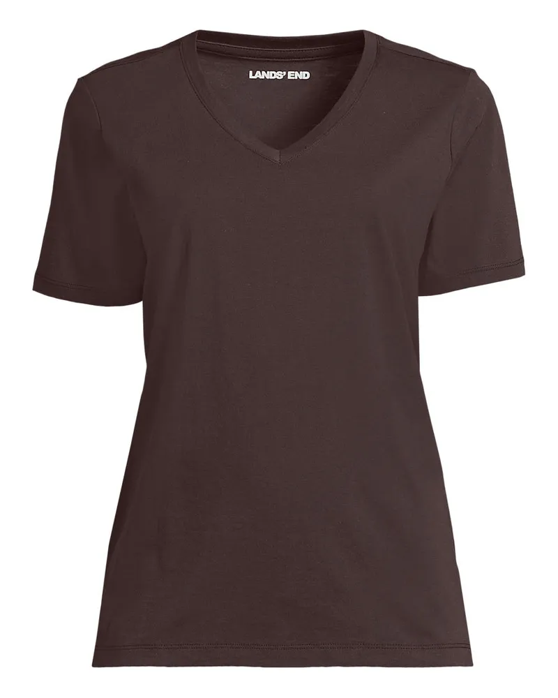 Lands' End Supima Kurzarm-Shirt mit V-Ausschnitt, Damen, Größe regular, Braun, Baumwolle, by Braun