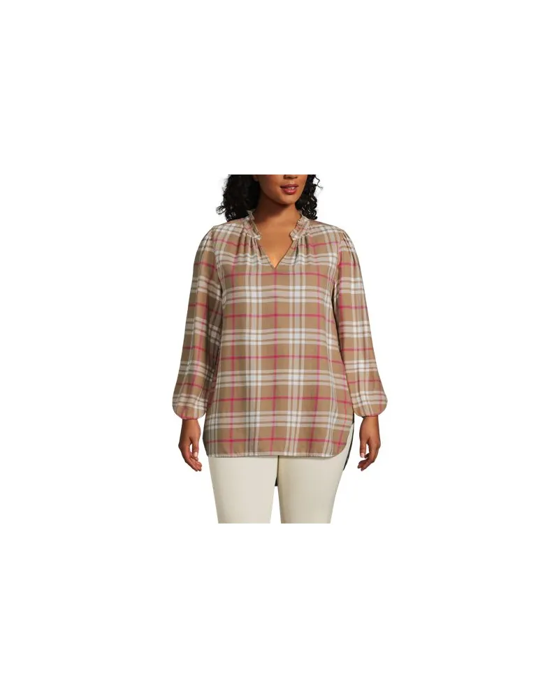 Lands' End Hemdbluse aus Flanell mit Rüschenkragen, Damen, Größe plus, Beige, Viskose/Baumwoll-Mischung/Viskose-Mischung, by Beige