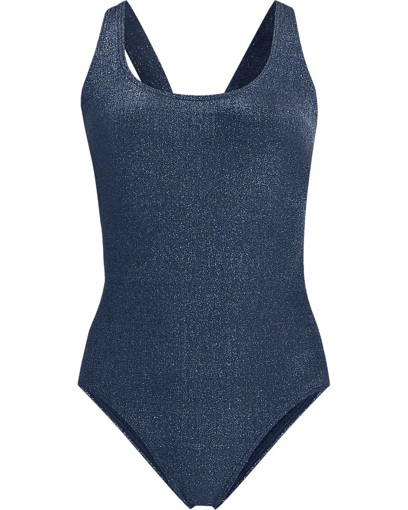 Lands' End Glitzer-Komfort-Badeanzug mit gekreuzten Trägern, hohes Bein, Damen, Größe regular, Blau, Elasthan/Nylon-Mischung, by Blau