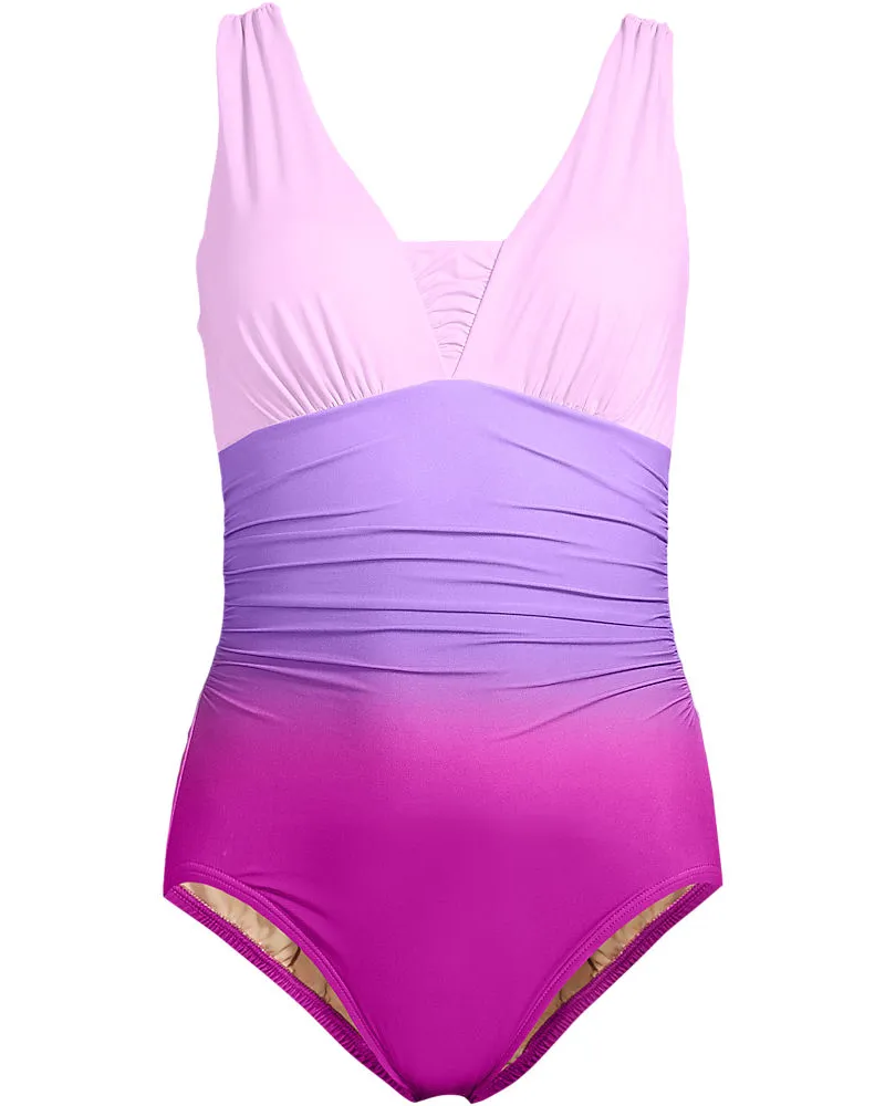Lands' End Gemusterter Shape-Badeanzug mit V-Ausschnitt SLENDER, Damen, Größe plus, Lila, Elasthan/Nylon-Mischung, by Lila