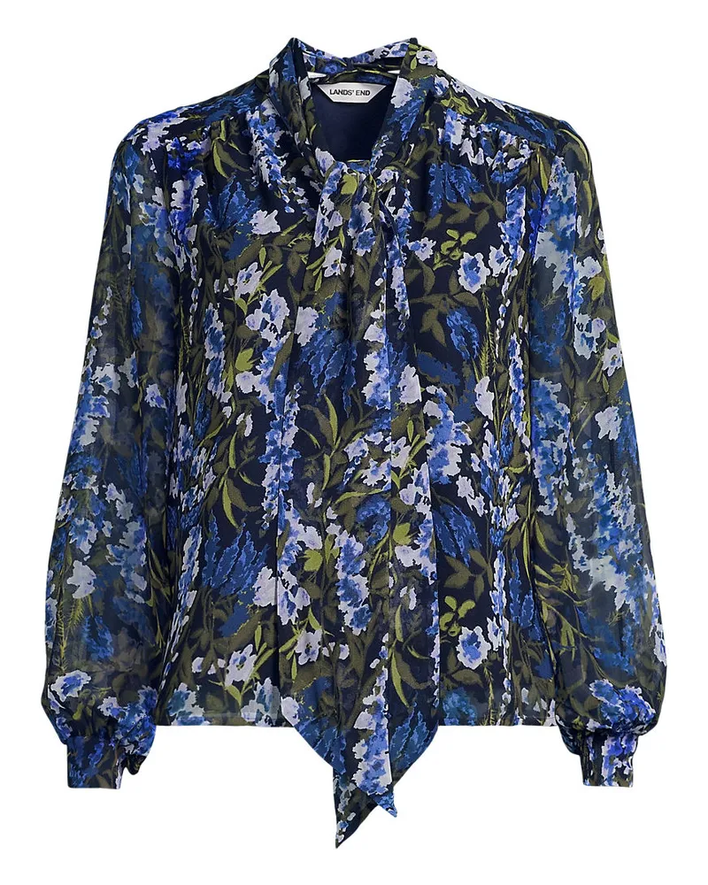 Lands' End Chiffonbluse mit abnehmbarer Schleife, Damen, Größe regular, Blau, Polyester, by Blau