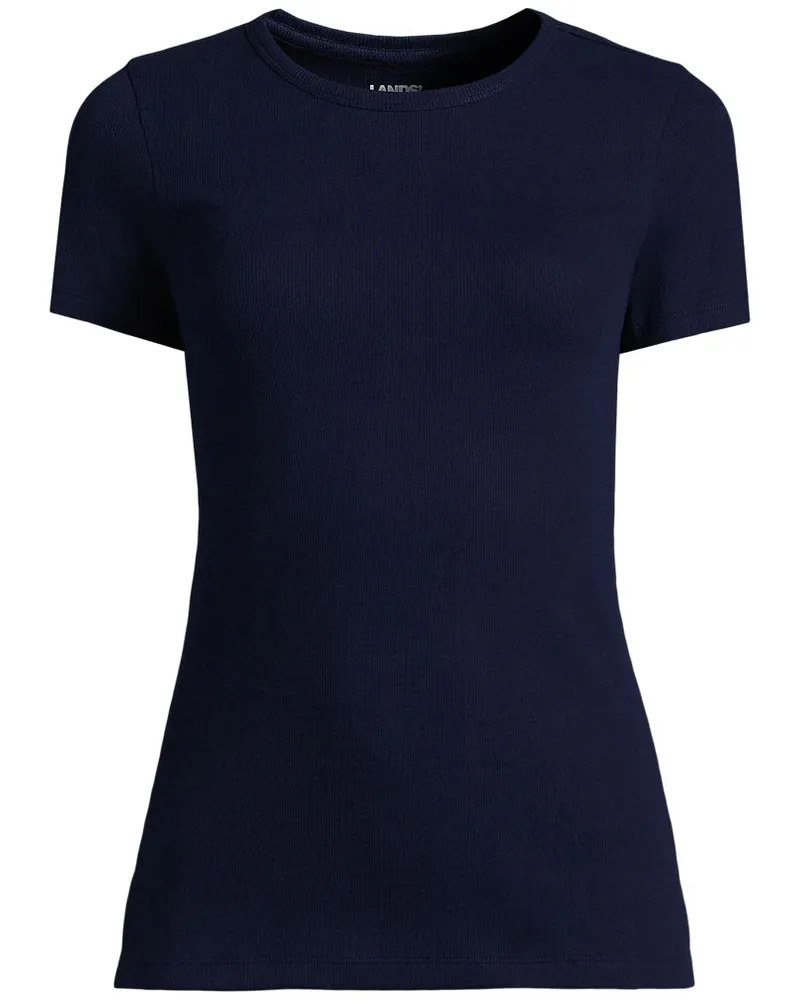 Lands' End Feinripp-Shirt mit Rundhalsausschnitt und kurzen Ärmeln, Damen, Größe plus, Blau, Baumwolle/Elasthan, by Blau