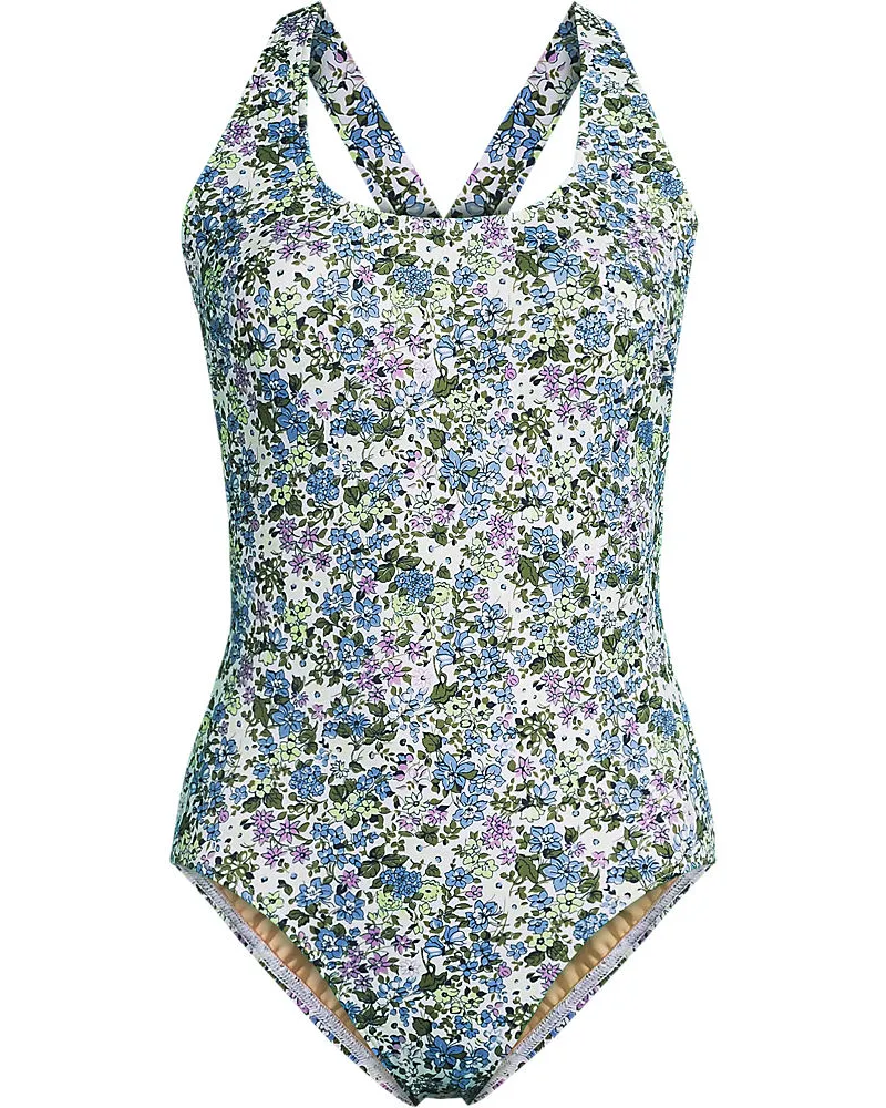 Lands' End Komfort-Badeanzug mit gekreuzten Trägern, hohes Bein, in Lang-Größe, Damen, Größe regular, Weiß, Nylon-Mischung, by Weiß