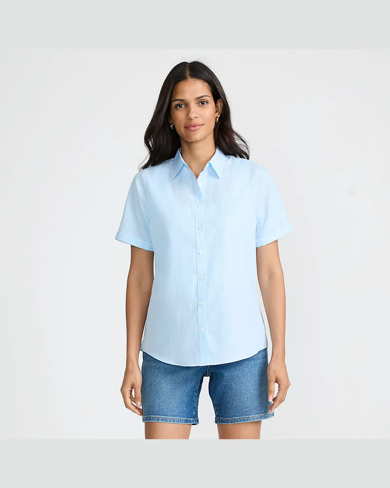 Lands' End Supima Bügelfrei-Bluse mit kurzen Ärmeln, Damen, Größe petite, Blau, Baumwolle, by Blau