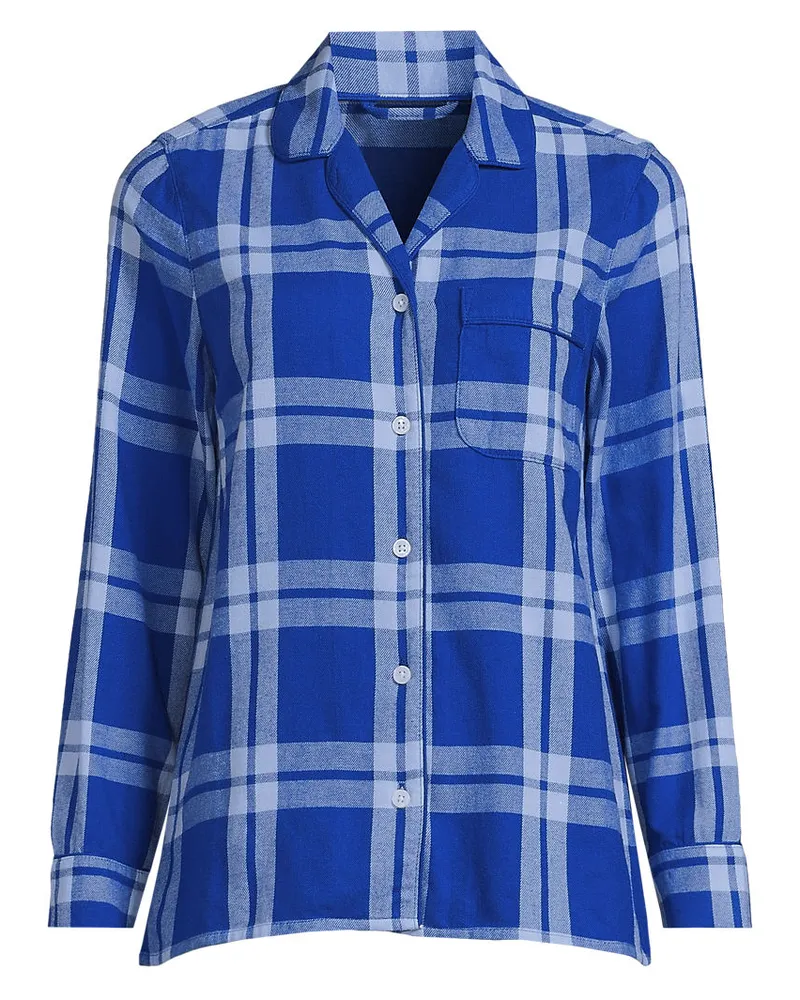 Lands' End Gemustertes Pyjamahemd aus reinem Baumwoll-Flanell, Damen, Größe plus, Blau, Baumwolle, by Blau