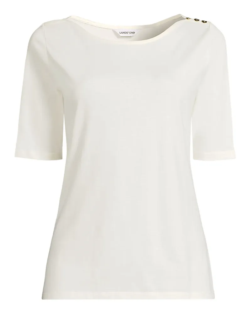 Lands' End Supima® T-Shirt mit U-Boot-Ausschnitt und geknöpfter Schulter, Damen, Größe petite, Weiß, Baumwolle, by Weiß
