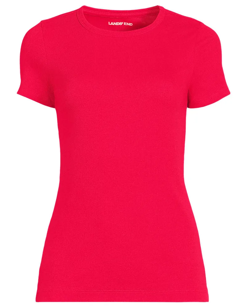 Lands' End Feinripp-Shirt mit Rundhalsausschnitt und kurzen Ärmeln, Damen, Größe regular, Pink, Baumwolle/Elasthan, by Pink
