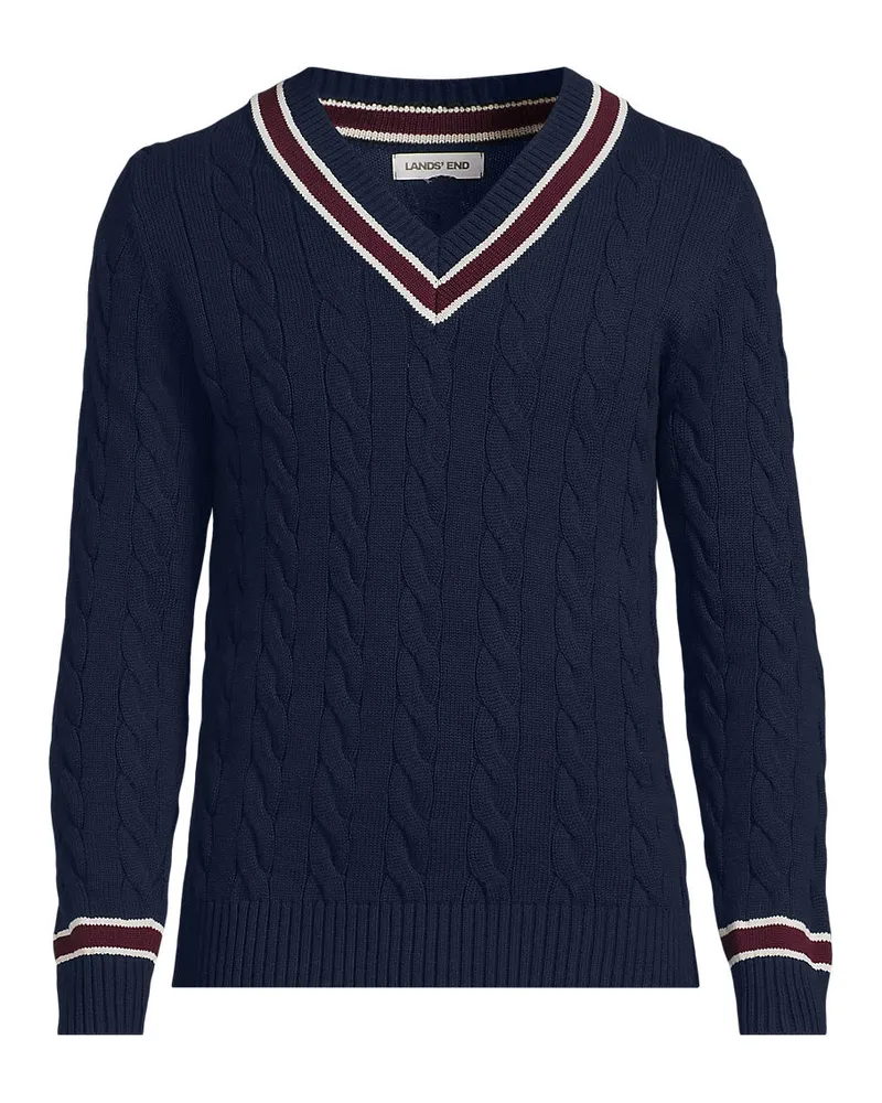 Lands' End Drifter Zopfmusterpullover mit V-Ausschnitt, Herren, Größe regular, Blau, Baumwolle, by Blau