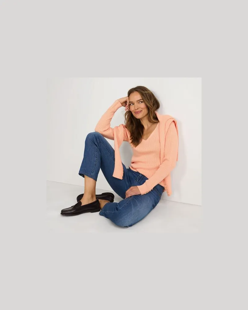 Lands' End Feinstrick-Zopfmusterpullover mit V-Ausschnitt, Damen, Größe regular, Orange, Baumwolle, by Orange