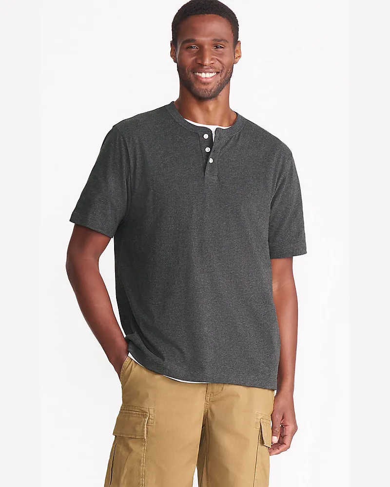 Lands' End Kurzarm-Super-T Henleyshirt, Herren, Größe regular, Schwarz, Baumwolle, by Schwarz