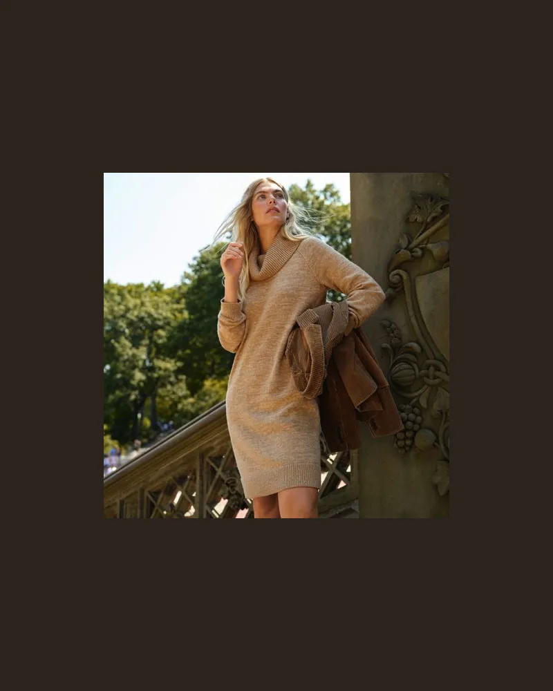 Lands' End Strickkleid mit Wasserfallkragen, Damen, Größe:40-42 regular, Braun, Baumwoll-Mischung/Woll-Mischung/Nylon-Mischung, by Braun