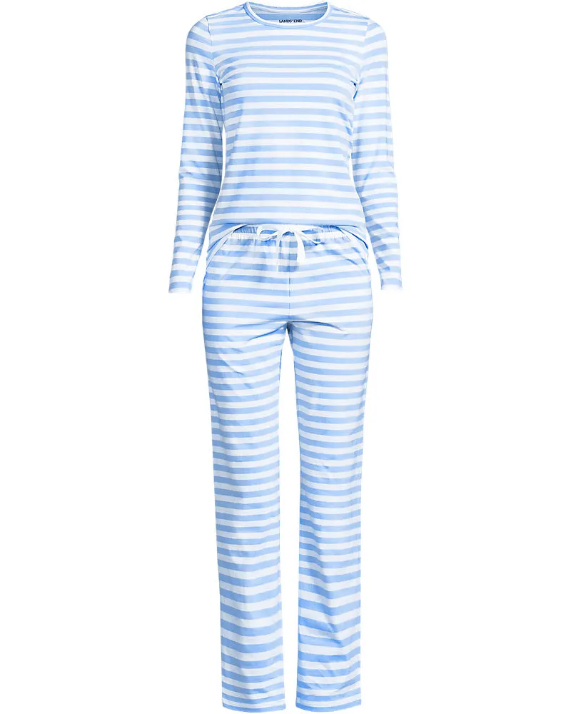 Lands' End Gemustertes Pyjama-Set aus Baumwoll-Jersey, Damen, Größe plus, Blau, Elasthan/Baumwoll-Mischung, by Blau