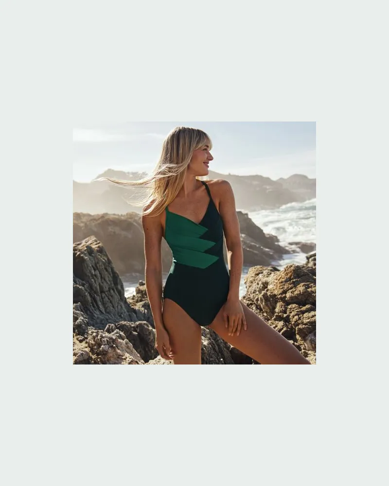 Lands' End Shape-Badeanzug SLENDER mit Webdetail, Damen, Größe regular, Grün, Elasthan/Nylon-Mischung, by Grün