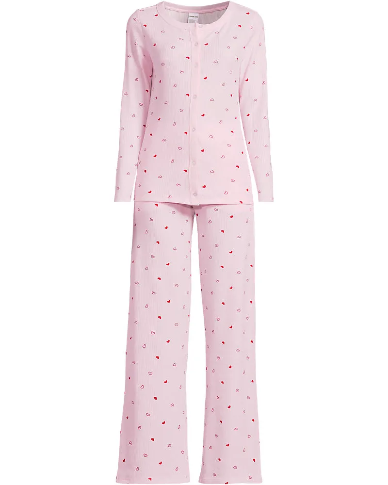 Lands' End Gemustertes Pyjama-Set, Damen, Größe regular, Pink, Polyester/Viskose/Polyester-Mischung, by Pink