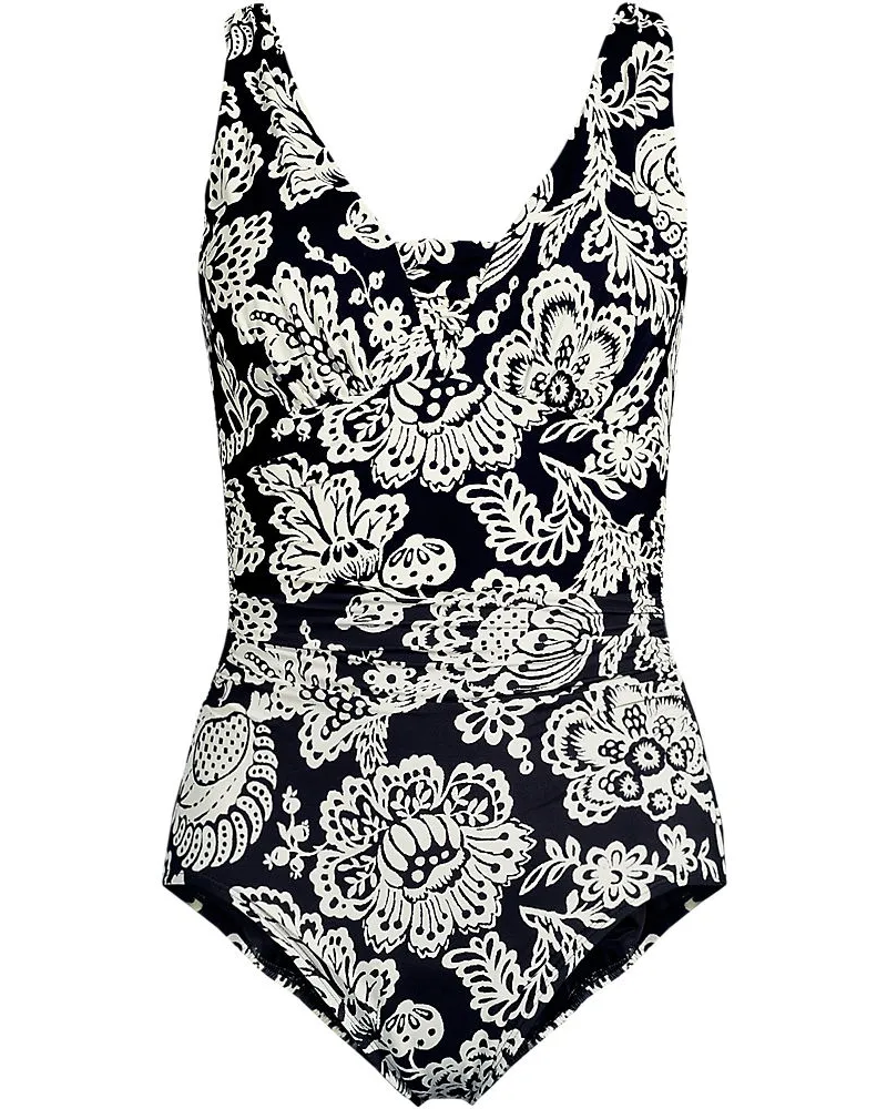 Lands' End Shape-Badeanzug mit V-Ausschnitt und verstellbaren Trägern SLENDER, Damen, Größe plus, Schwarz, Nylon-Mischung, by Schwarz