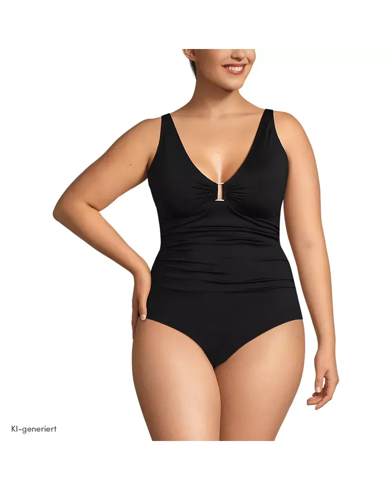 Lands' End Badeanzug mit Ringdetail und V-Ausschnitt, Damen, Größe plus, Schwarz, Nylon-Mischung, by Schwarz