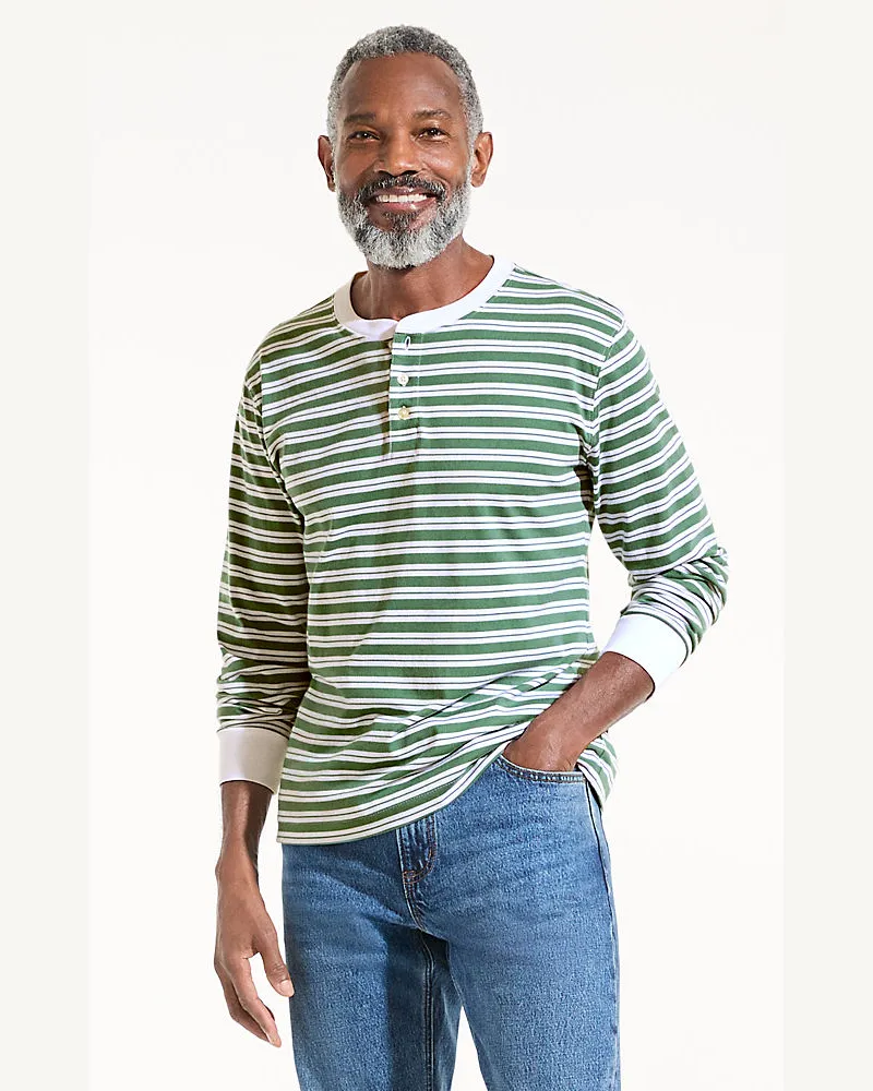 Lands' End Super-T Langarm-Henleyshirt, Classic Fit, Herren, Größe regular, Grün, Baumwolle, by Grün