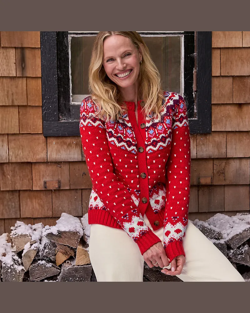 Lands' End Fair Isle Cardigan aus Baumwollmix, Damen, Größe regular, Rot, Polyacryl/Schurwolle/Baumwoll-Mischung, by Rot