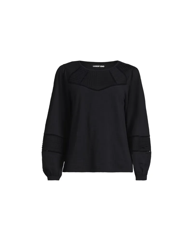 Lands' End Flammgarn-Shirt mit Biesen-Verzierung, Damen, Größe:32-34 regular, Schwarz, Baumwolle, by Schwarz