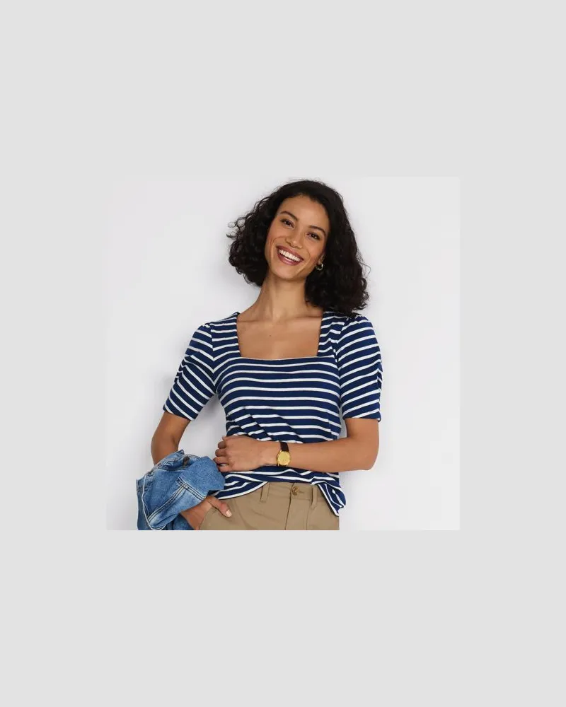 Lands' End Gestreiftes Baumwollshirt mit eckigem Ausschnitt und Puffärmeln, Damen, Größe regular, Blau, Baumwolle, by Blau