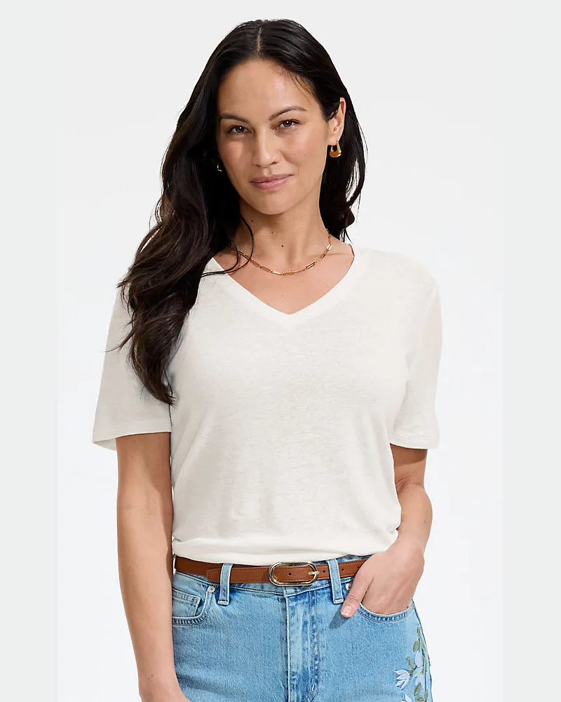 Lands' End Soft Flow Shirt aus Leinenmix mit V-Ausschnitt, Damen, Größe regular, Weiß, Leinen/Baumwolle Modal, by Weiß