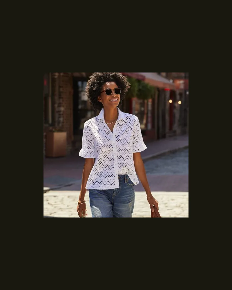 Lands' End Lochmuster-Bluse mit Rüschenärmeln, Damen, Größe:40-42 regular, Weiß, Baumwolle, by Weiß