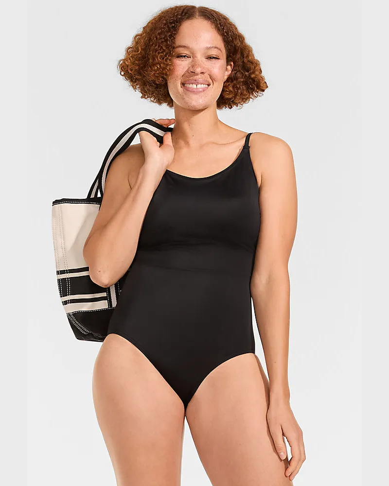 Lands' End Komfort-Badeanzug mit schmalen Trägern, hohes Bein, Damen, Größe regular, Schwarz, Nylon-Mischung, by Schwarz