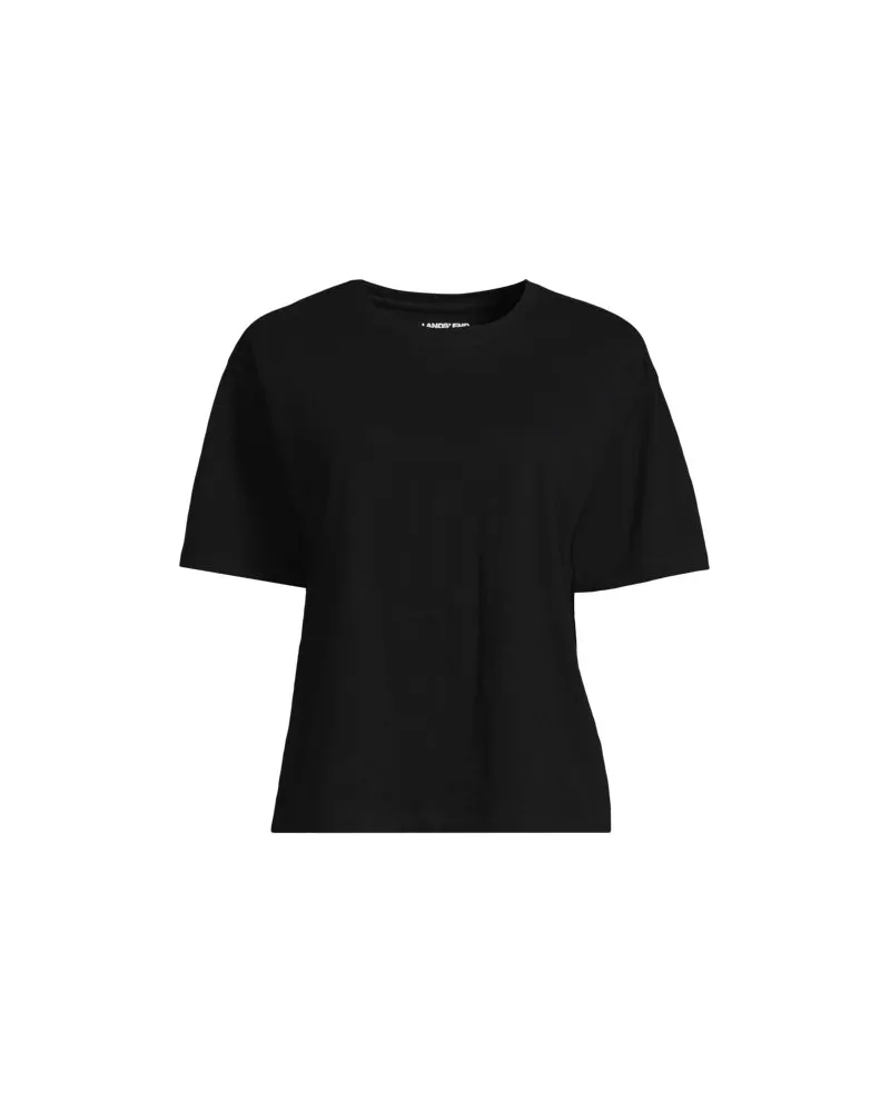 Lands' End Kastiges Flammgarnshirt mit kurzen Ärmeln, Damen, Größe plus, Schwarz, Baumwolle, by Schwarz