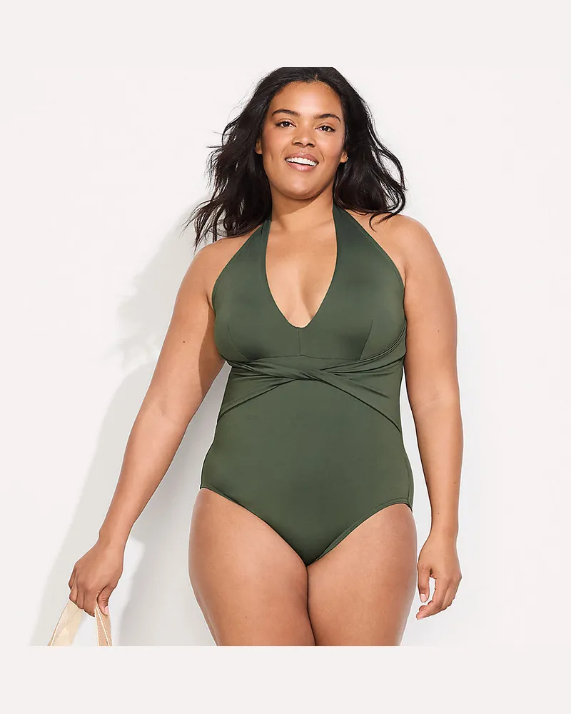 Lands' End Figurformender Neckholder-Badeanzug, hoher Beinausschnitt, Damen, Größe plus, Grün, Elasthan/Nylon-Mischung, by Grün