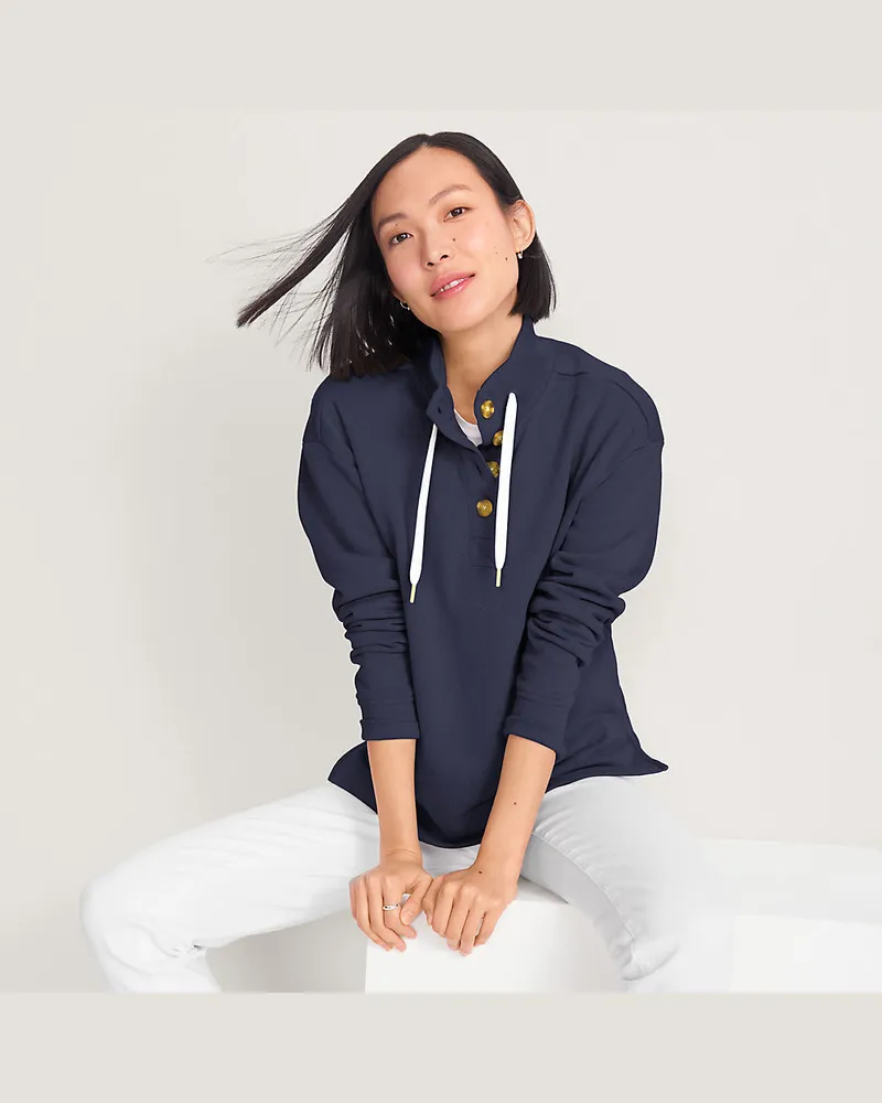 Lands' End Pullover SERIOUS SWEATS mit Knopfleiste, Damen, Größe regular, Blau, Baumwoll-Mischung/Polyester-Mischung, by Blau