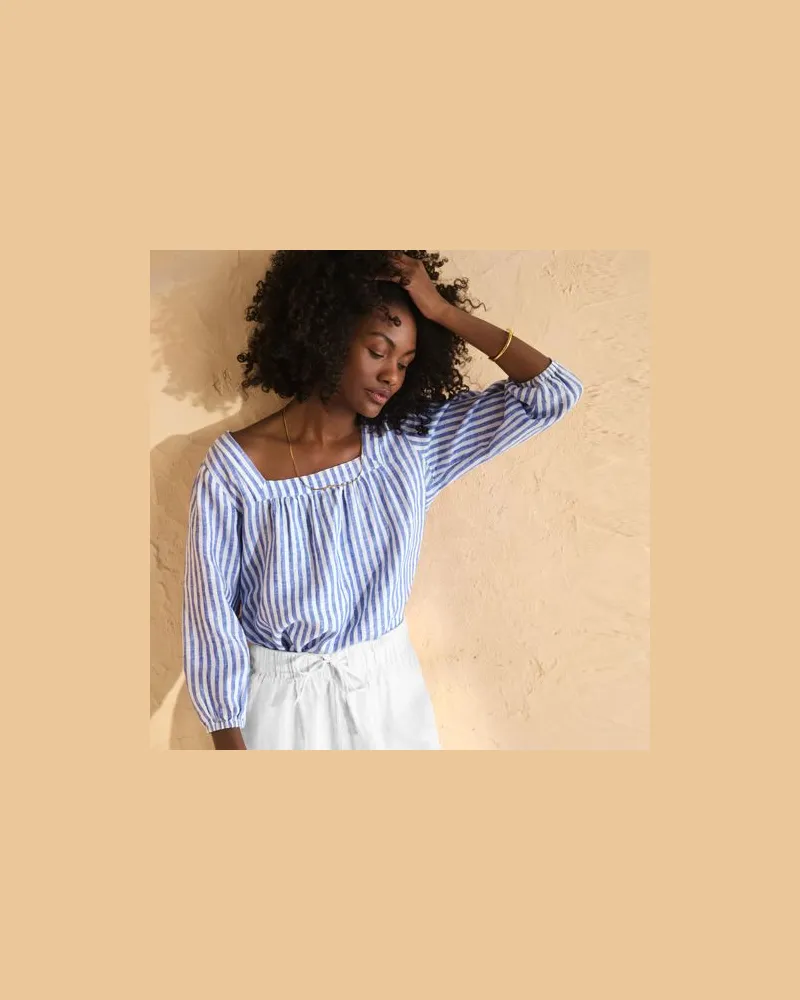 Lands' End Leinen-Bauernbluse mit 3/4-Ärmeln, Damen, Größe:44-46 regular, Blau, Leinen, by Blau
